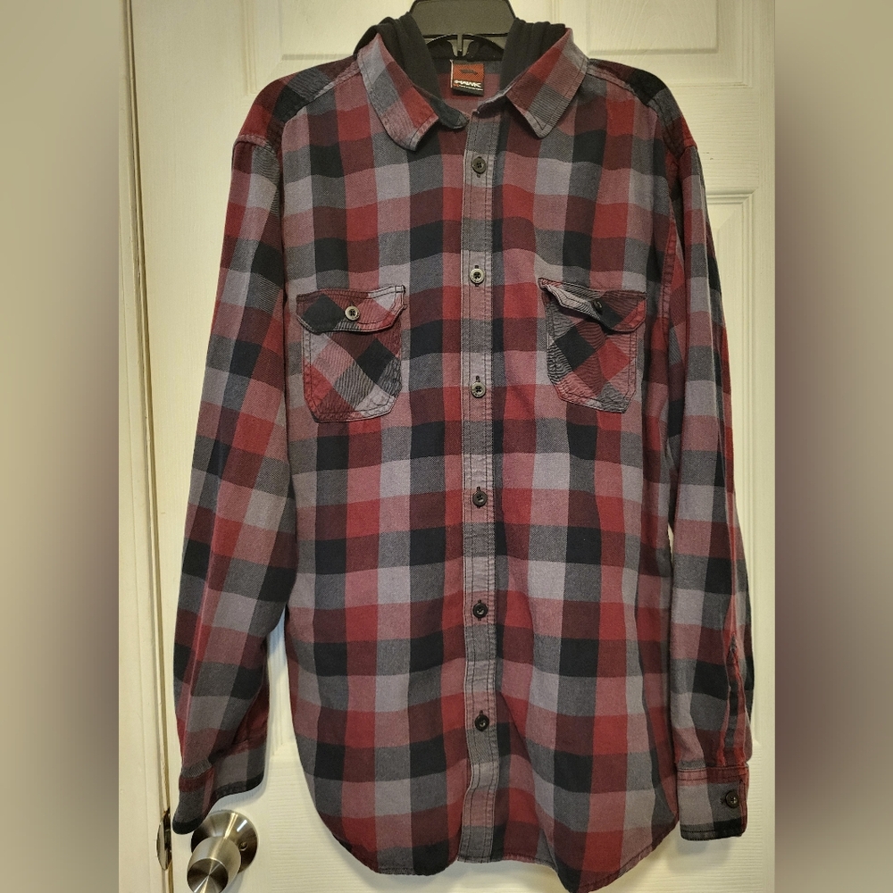 Tony Hawk Mens Long-sleeved Plaid Hooded Shirt XXL red, Gray, Blk